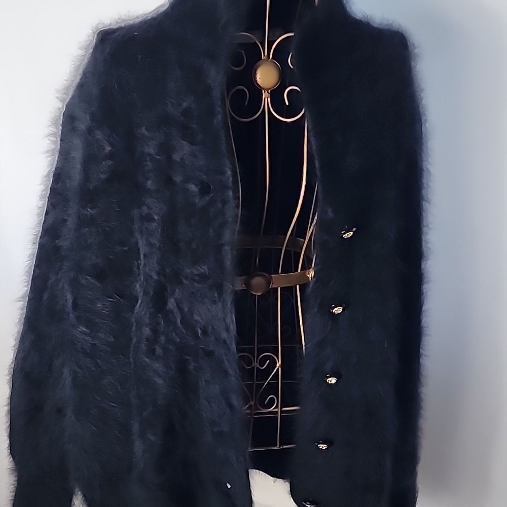 Vintage Soft Quiet Luxury Angora Cardigan Sweater With Rhinestone Buttons